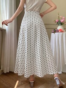 Modelyn Damen Frühling/Sommer Aprikot gewebt Digitaler Polka Dot & schwarzer Spitzenbesatz A-Linie eleganter romantischer Rock - Verschiedenfarbig - Übersicht 2
