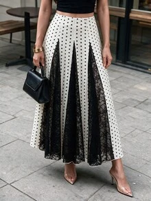 Modelyn Damen Frühling/Sommer Aprikot gewebt Digitaler Polka Dot & schwarzer Spitzenbesatz A-Linie eleganter romantischer Rock - Verschiedenfarbig - Übersicht 10