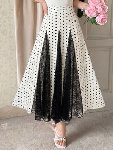 Modelyn Damen Frühling/Sommer Aprikot gewebt Digitaler Polka Dot & schwarzer Spitzenbesatz A-Linie eleganter romantischer Rock - Verschiedenfarbig - Übersicht 5