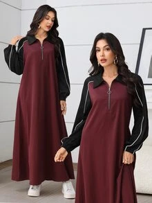 Rue Lumi Fashionable Casual Contrast Color Lapel Flared Hem Dress - Multicolor - View 3