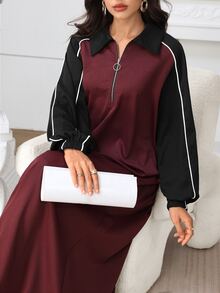 Rue Lumi Fashionable Casual Contrast Color Lapel Flared Hem Dress - Multicolor - View 4