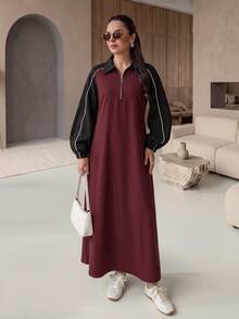 Rue Lumi Fashionable Casual Contrast Color Lapel Flared Hem Dress - Multicolor - View 1