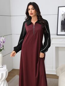 Rue Lumi Fashionable Casual Contrast Color Lapel Flared Hem Dress - Multicolor - View 5