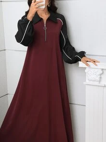 Rue Lumi Fashionable Casual Contrast Color Lapel Flared Hem Dress - Multicolor - View 6