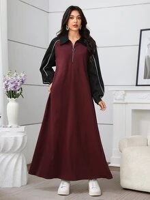 Rue Lumi Fashionable Casual Contrast Color Lapel Flared Hem Dress - Multicolor - View 7