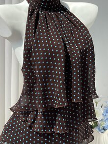 SHEIN EZwear 女款春夏秋棕色與藍色波點印花雪紡中領掛脖綁帶露背荷葉邊層次感上衣，優雅通勤辦公室復古休閒購物約會日常出遊百搭 - 棕色 - 查看 6
