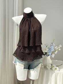 SHEIN EZwear 女款春夏秋棕色與藍色波點印花雪紡中領掛脖綁帶露背荷葉邊層次感上衣，優雅通勤辦公室復古休閒購物約會日常出遊百搭 - 棕色 - 查看 3