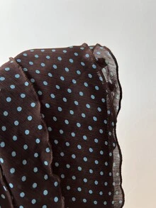 SHEIN EZwear 女款春夏秋棕色與藍色波點印花雪紡中領掛脖綁帶露背荷葉邊層次感上衣，優雅通勤辦公室復古休閒購物約會日常出遊百搭 - 棕色 - 查看 7
