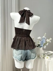 SHEIN EZwear 女款春夏秋棕色與藍色波點印花雪紡中領掛脖綁帶露背荷葉邊層次感上衣，優雅通勤辦公室復古休閒購物約會日常出遊百搭 - 棕色 - 查看 2
