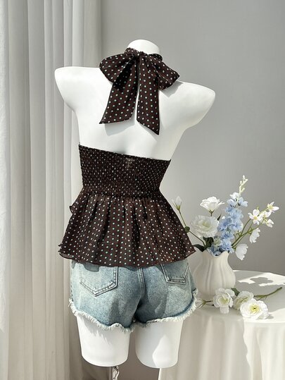 SHEIN EZwear Women's Spring Summer Autumn Brown & Blue Polka Dot Print Chiffon Mid-Neck Halter Tie Back Open Back Ruffle Layered Blouse, Elegant Commute Office Vintage Casual Shopping Dating Daily Outing Versatile