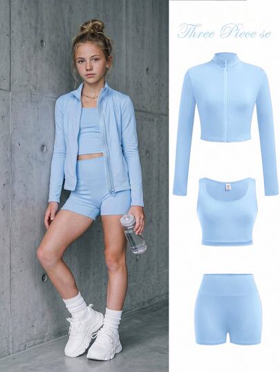 SHEIN 3pcs Tween Girl Blue Long Sleeve Zip-Up Mock Neck T-Shirt,Vest And Leggings Sports Outfit Set,Summer Casual Active Gym Baby Blue Teen Clothes Outfits