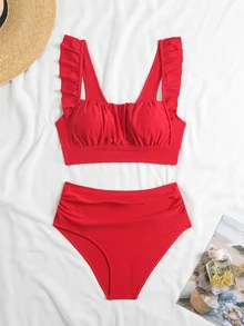 Swim Basics 2-Piece Women Summer Beach Holiday Solid Color Ruffle Strap Pleated Crop Top And High Waisted Ruched Bikini Bottoms - Red - View 5