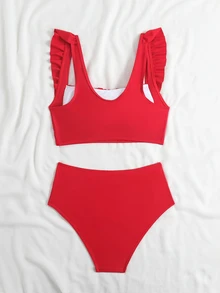 Swim Basics 2-Piece Women Summer Beach Holiday Solid Color Ruffle Strap Pleated Crop Top And High Waisted Ruched Bikini Bottoms - Red - View 4
