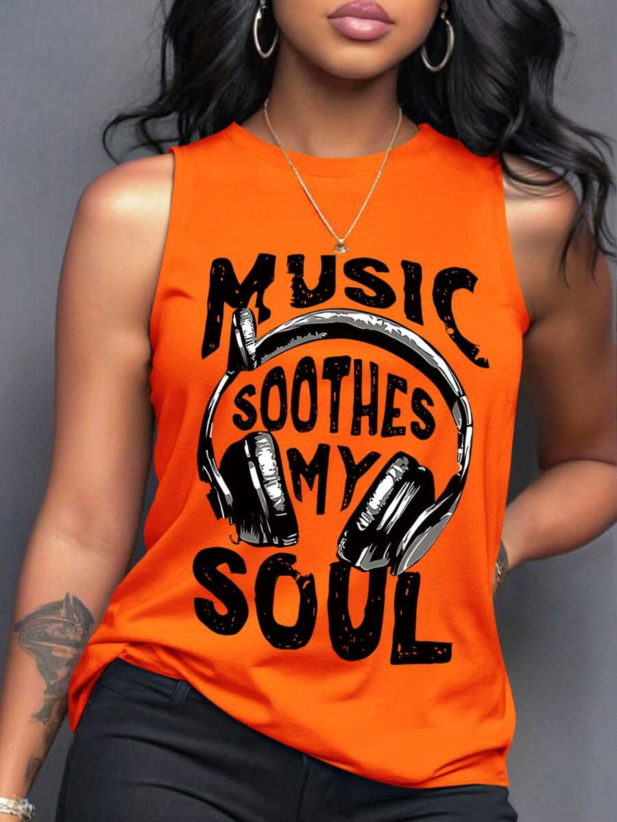 Maweii Top de tirantes con gráfico de auriculares y eslogan para uso vacacional en primavera y verano - Naranja - Ver 1