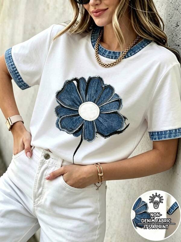 Resyla Women's Regular Fit T-Shirt, Vintage Blue And White Colorblock, Aesthetic Sunflower Floral Print, Pattern Design, Daily Wear, Back To School, Teacher, Comfortable Fabric, Commuter Style