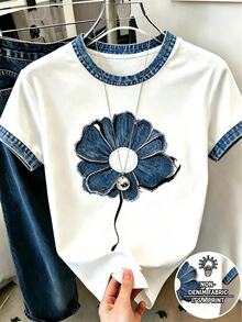 SHEIN LUNE 女款標準版型T恤，復古藍白拼接色，美學向日葵花卉印花，圖案設計，日常穿著，返校季，教師，舒適面料，通勤風格 - 彩色 - 查看 3