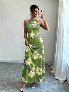 Selianne Women's Elegant Tropical Fashionable Commuter Casual Comfortable Vintage Premium Romantic Holiday Vacation Summer Beach Sleeveless Halter Neck Dress - Green - View 4