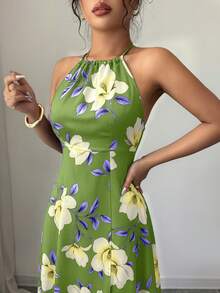 Selianne Women's Elegant Tropical Fashionable Commuter Casual Comfortable Vintage Premium Romantic Holiday Vacation Summer Beach Sleeveless Halter Neck Dress - Green - View 5