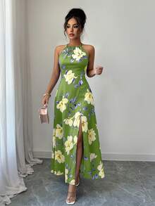 Selianne Women's Elegant Tropical Fashionable Commuter Casual Comfortable Vintage Premium Romantic Holiday Vacation Summer Beach Sleeveless Halter Neck Dress - Green - View 7