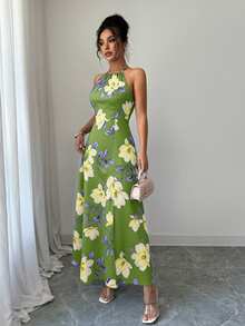 Selianne Women's Elegant Tropical Fashionable Commuter Casual Comfortable Vintage Premium Romantic Holiday Vacation Summer Beach Sleeveless Halter Neck Dress - Green - View 8