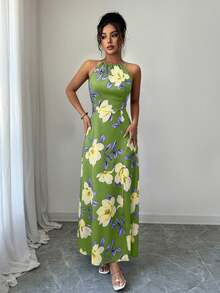Selianne Women's Elegant Tropical Fashionable Commuter Casual Comfortable Vintage Premium Romantic Holiday Vacation Summer Beach Sleeveless Halter Neck Dress - Green - View 3