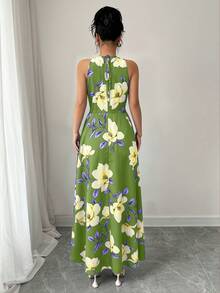 Selianne Women's Elegant Tropical Fashionable Commuter Casual Comfortable Vintage Premium Romantic Holiday Vacation Summer Beach Sleeveless Halter Neck Dress - Green - View 2