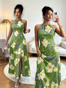 Selianne Women's Elegant Tropical Fashionable Commuter Casual Comfortable Vintage Premium Romantic Holiday Vacation Summer Beach Sleeveless Halter Neck Dress - Green - View 6