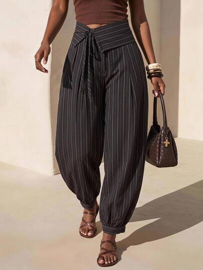 Zivah New Summer/Autumn Casual Commute Brown & White Striped Loose Elegant Professional Folded Waist Tie Lantern Pants For Women, Suitable For Daily Outings, Wedding Guest, Ball, Birthday, Travel, Vacation, Beach, Party, Festival, Airport Outfit, Brunch Outfit, Bohemian, Shopping, Women's Work, Graduation, Country Concert, Back To School