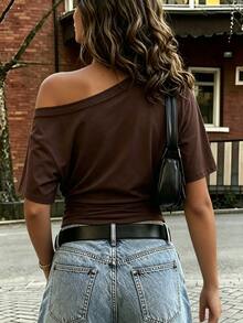 Rovax Casual Versatile Solid Color Asymmetric Collar Short T-Shirt - Brown - View 2