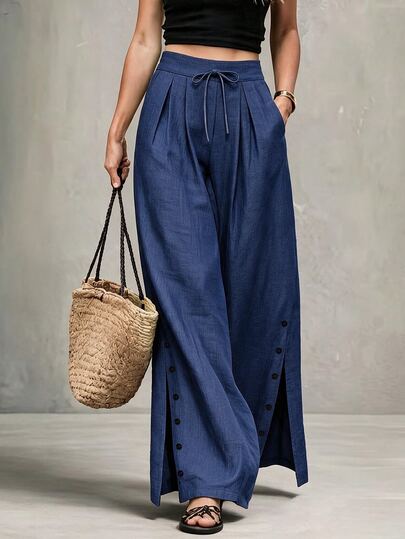 LUMIGAL Women's Solid Color Split Design Casual Versatile Daily Wear Long Pants,Bow