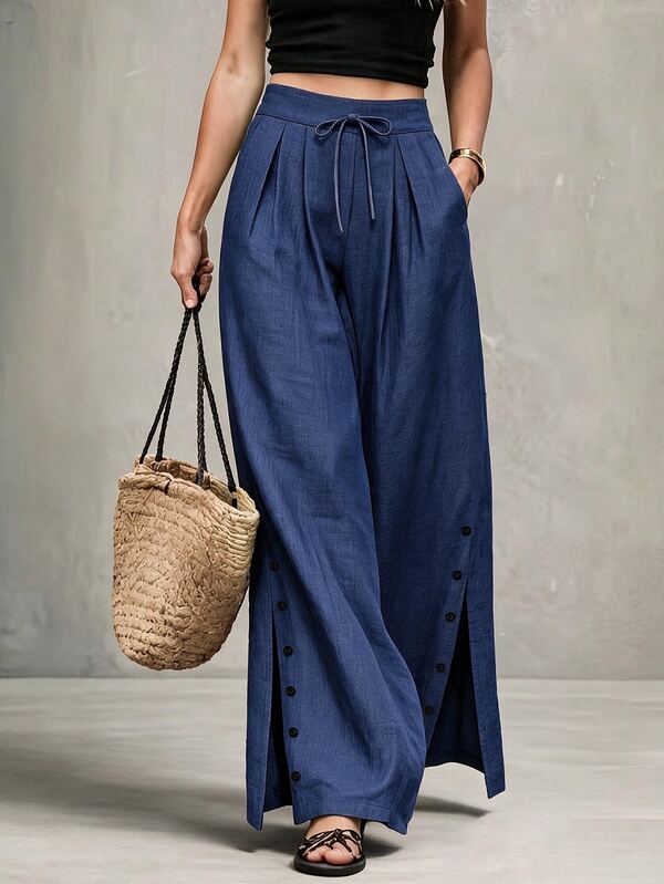 LUMIGAL Women's Solid Color Split Design Casual Versatile Daily Wear Long Pants,Bow