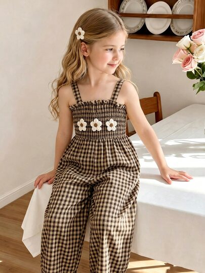 SHEIN Girls' Vintage Bohemian Brown Plaid Textured Fabric Comfortable Drapey Spaghetti Strap Wide Leg Jumpsuit With Front Chest Cute Handmade Crochet Flower, Minimalist Elegant Flowy And Lively, Suitable For Spring, Summer, Parties, Outings And Vacations