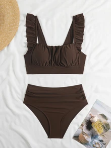 Swim Basics 2pcs Set Women Summer Beach Elegant Vacation Solid Color Ruffle Strap Pleated Chest Crop Top And Ruched High Waist Triangle Bottom Swimwear - Coffee Brown - View 5