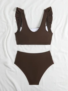 Swim Basics 2pcs Set Women Summer Beach Elegant Vacation Solid Color Ruffle Strap Pleated Chest Crop Top And Ruched High Waist Triangle Bottom Swimwear - Coffee Brown - View 4