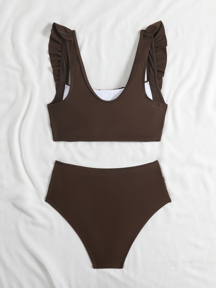 Swim Basics 2pcs Set Women Summer Beach Elegant Vacation Solid Color Ruffle Strap Pleated Chest Crop Top And Ruched High Waist Triangle Bottom Swimwear - Coffee Brown - View 4