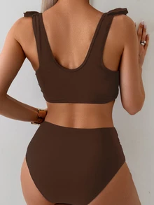Swim Basics 2pcs Set Women Summer Beach Elegant Vacation Solid Color Ruffle Strap Pleated Chest Crop Top And Ruched High Waist Triangle Bottom Swimwear - Coffee Brown - View 2