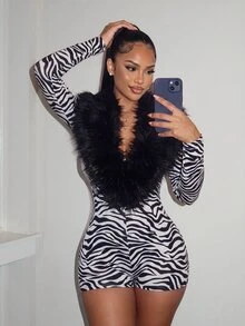 Amplova Faux Fur Collar Patchwork Deep V-Neck Long Sleeve Halloween Look Or Stylish Autumn/Winter Outfits. - Black - View 4