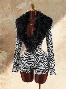 Amplova Faux Fur Collar Patchwork Deep V-Neck Long Sleeve Halloween Look Or Stylish Autumn/Winter Outfits. - Black - View 8