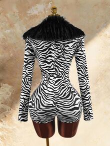 Amplova Faux Fur Collar Patchwork Deep V-Neck Long Sleeve Halloween Look Or Stylish Autumn/Winter Outfits. - Black - View 5