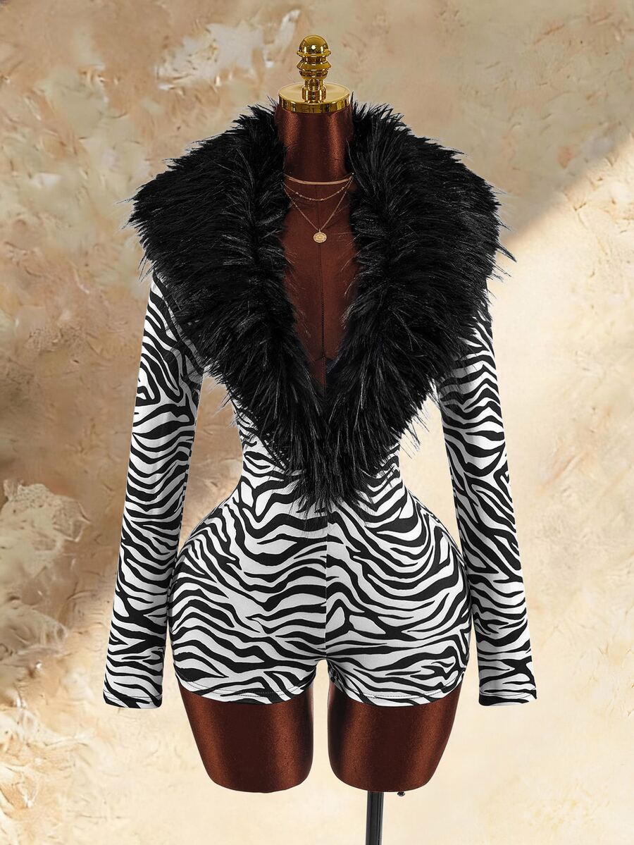 Amplova Faux Fur Collar Patchwork Deep V-Neck Long Sleeve Halloween Look Or Stylish Autumn/Winter Outfits. - Black - View 1