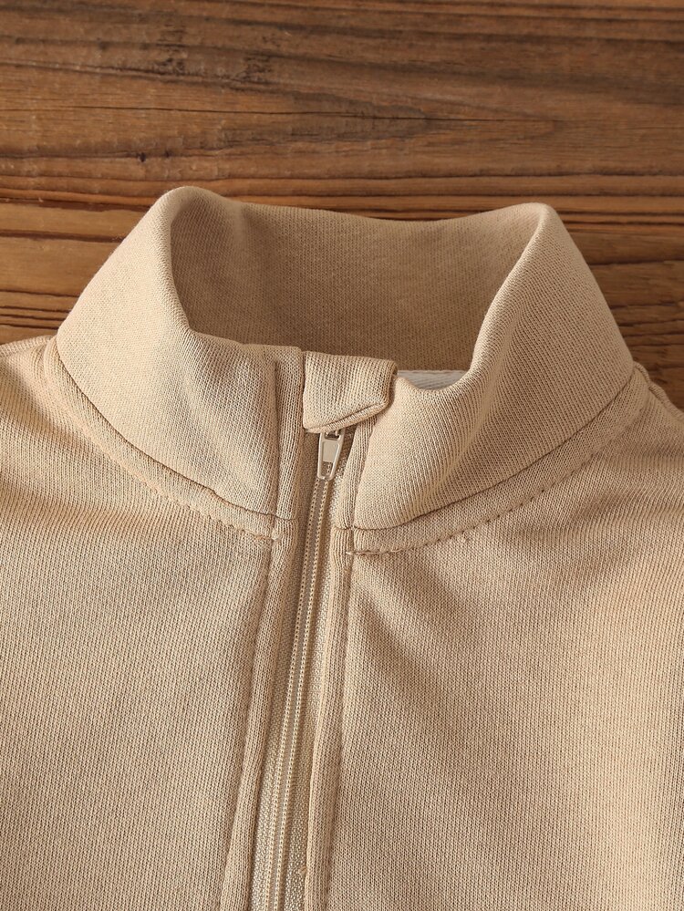 SHEIN Newborn Baby Boy Soft Form Western Half-Zip Stand Collar Sweatshirt Long Sleeve Top Sweatpants Set 1 Month Milestones Beige Autumn - Khaki - View 5
