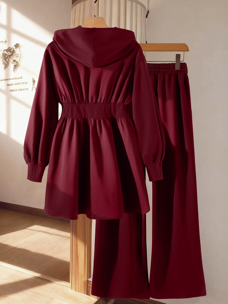 Modelyn Burgundy Slimming Zip-Up Hooded Casual Long Sleeve Jacket & Pants 2 Pieces Set For Women, Autumn/Winter - Burgundy - View 2