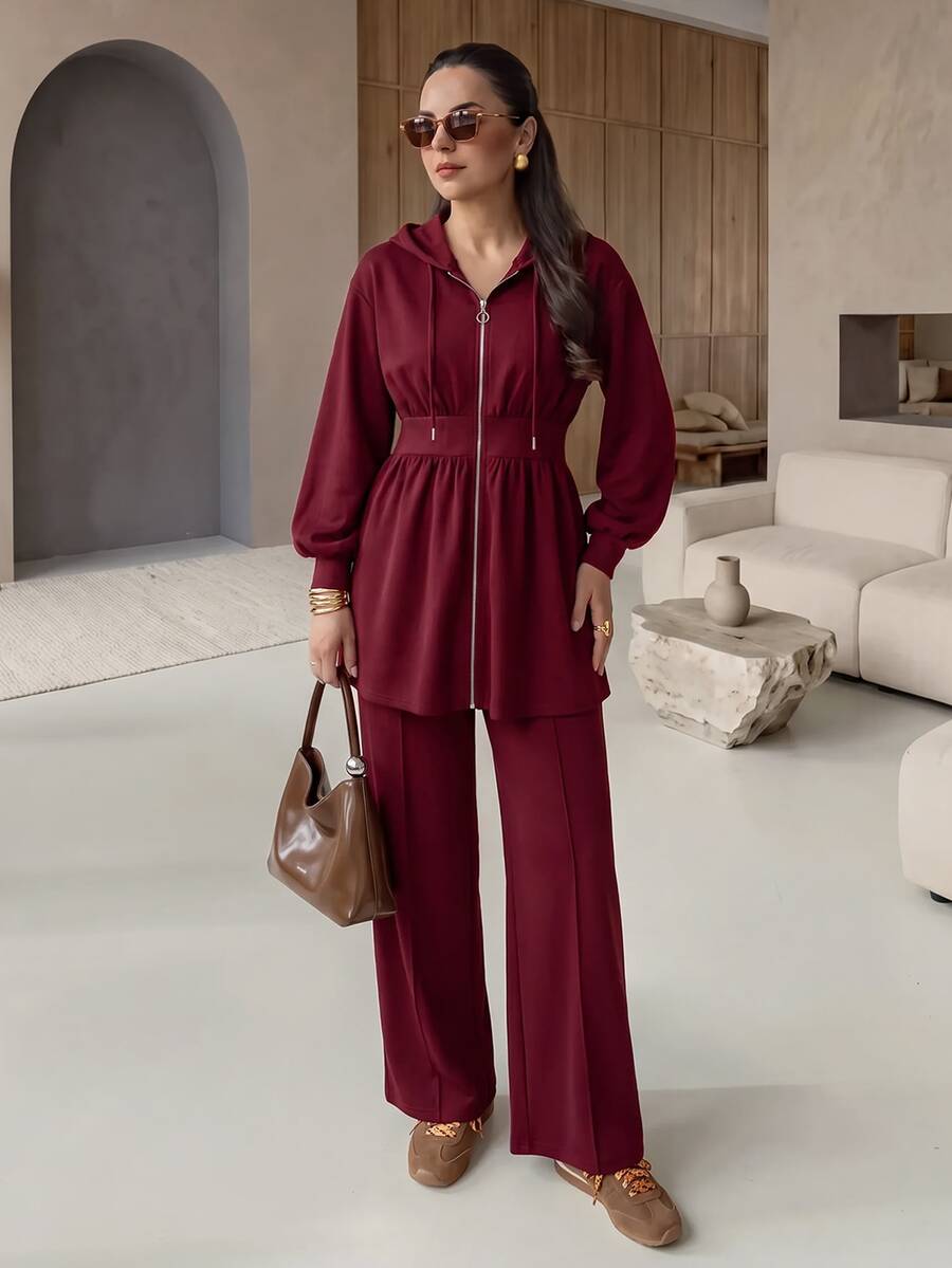 Modelyn Burgundy Slimming Zip-Up Hooded Casual Long Sleeve Jacket & Pants 2 Pieces Set For Women, Autumn/Winter - Burgundy - View 1