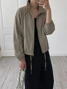 Easowa Jaket Musim Dingin Wanita: Jaket Rajut Merah Model Kerah Tinggi dengan Tali Serut di Pinggang dan Detail Ikat Leher untuk Pakaian Kerja Wanita (Potongan Reguler) - Khaki - View 3