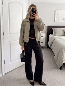 Easowa Jaket Musim Dingin Wanita: Jaket Rajut Merah Model Kerah Tinggi dengan Tali Serut di Pinggang dan Detail Ikat Leher untuk Pakaian Kerja Wanita (Potongan Reguler) - Khaki - View 6