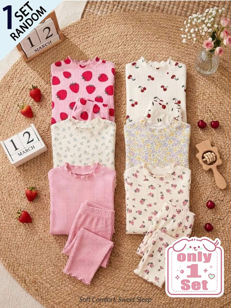 SHEIN [Dikirim Acak 1 Set] Baju Terusan Bayi Perempuan Lengan Panjang Celana Panjang Desain Rumbai Bergelombang di Bagian Bawah Motif Bunga Stroberi Ceri Lucu Warna Polos Kain Nyaman Cocok Untuk Pakaian Sehari-hari di Rumah Anak Perempuan Piyama Santai - MultiWarna - View 1