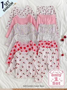 SHEIN [Dikirim Acak 1 Set] Baju Terusan Bayi Perempuan Lengan Panjang Celana Panjang Desain Rumbai Bergelombang di Bagian Bawah Motif Bunga Stroberi Ceri Lucu Warna Polos Kain Nyaman Cocok Untuk Pakaian Sehari-hari di Rumah Anak Perempuan Piyama Santai - MultiWarna - View 3