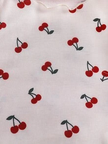 SHEIN [Dikirim Acak 1 Set] Baju Terusan Bayi Perempuan Lengan Panjang Celana Panjang Desain Rumbai Bergelombang di Bagian Bawah Motif Bunga Stroberi Ceri Lucu Warna Polos Kain Nyaman Cocok Untuk Pakaian Sehari-hari di Rumah Anak Perempuan Piyama Santai - MultiWarna - View 5