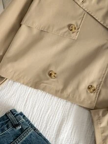 SHEIN Elladie kids Teen Girls Fall Clothes Brown Versatile Casual Button Long Sleeve Jacket For Weekend Outings, Fall, Solid, Minimalist, Streetwear, Cropped, Autumn - Khaki - View 6