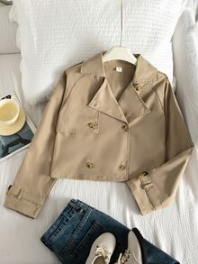 SHEIN Elladie kids Teen Girls Fall Clothes Brown Versatile Casual Button Long Sleeve Jacket For Weekend Outings, Fall, Solid, Minimalist, Streetwear, Cropped, Autumn - Khaki - View 3